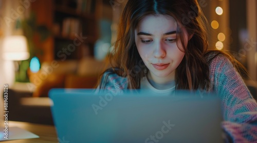 A young woman sitting at a desk looking at her laptop screen