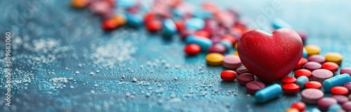 Red Heart and Assorted Pills on Blue Background