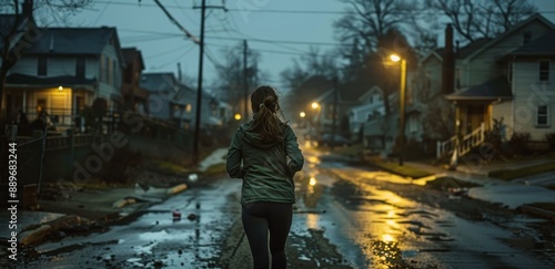 Woman Jogging on a Residential Street at Night