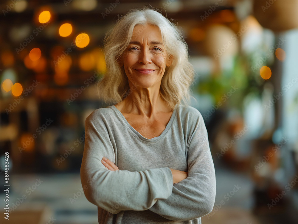 Portrait of healthy and active middle age mature Caucasian woman, standing in yoga studio, copy space Portrait of healthy and active middle age mature Caucasian woman, standing in yoga studio, copy space