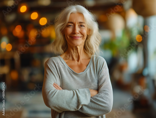 Portrait of healthy and active middle age mature Caucasian woman, standing in yoga studio, copy space photo