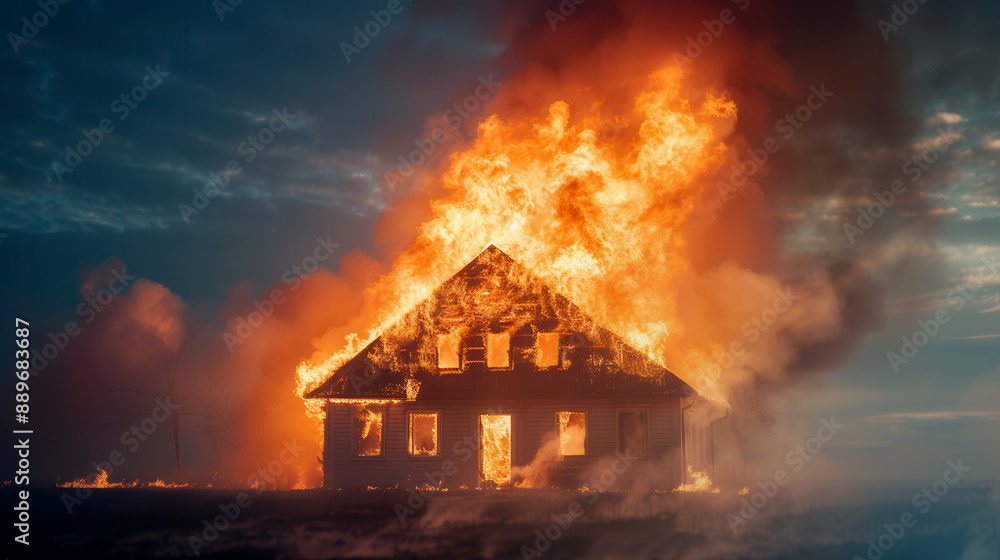 A dramatic shot of a house engulfed in flames during a fiery blaze at night, showcasing intense destruction and the power of fire. A dramatic shot of a house engulfed in flames during a fiery blaze at night, showcasing intense destruction and the power of fire.