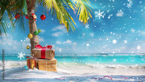 Grupo de paquetes regalo de navidad envueltos y decorados con lazos, junto a una palmera decorada con bolas de navidad, en una playa idilica tropical. Concepto fondos navideños photo