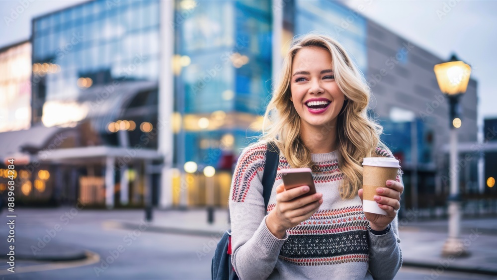 Fototapeta premium A woman smiling while holding a coffee and cell phone, AI