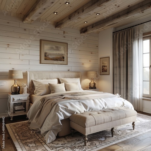 French country interior design of modern bedroom in farmhouse, Generative AI © MG