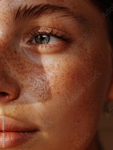 Close-up portrait of a woman's face featuring distinct freckles, ideal for use in beauty or lifestyle imagery