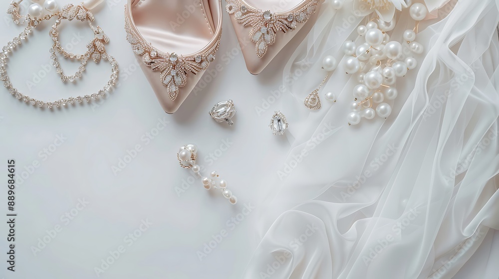 Elegant bridal accessories such as veils, shoes, and jewelry on a stunning white background. 32k, full ultra HD, high resolution Elegant bridal accessories such as veils, shoes, and jewelry on a stunning white background. 32k, full ultra HD, high resolution