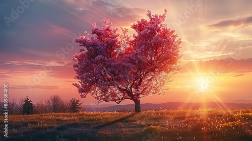 Tree of love in spring Red heartshaped tree at sunset Beautiful landscape with flowers perfect for a love background with copy space Valentines Day card