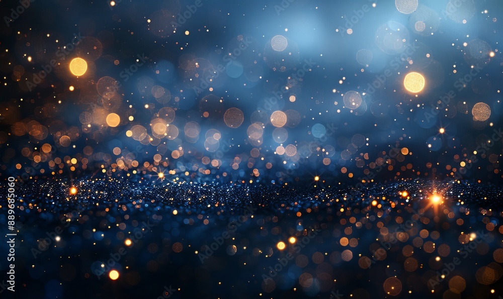 Obraz premium Christmas Golden light shine particles bokeh on navy blue background, Generative AI