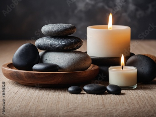 Relaxing spa concept with massage stones, towels, candles