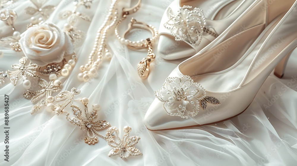 Elegant bridal accessories such as veils, shoes, and jewelry on a stunning white background. 32k, full ultra HD, high resolution Elegant bridal accessories such as veils, shoes, and jewelry on a stunning white background. 32k, full ultra HD, high resolution