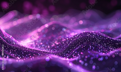 Purple abstract background with glowing particles wave and lines, Generative AI