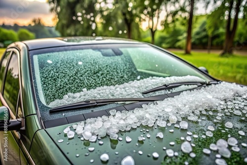 hailstone drop on car window. Hail weather damage photo