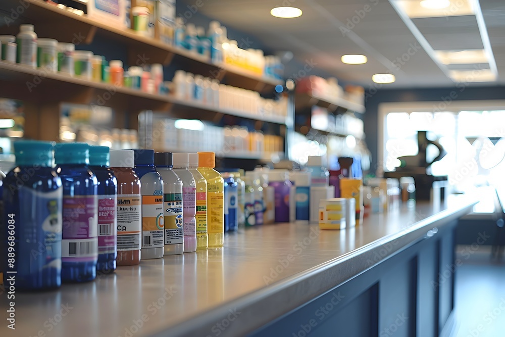 Well-Stocked Pharmacy Counter with Various Health Supplements and Medications Well-Stocked Pharmacy Counter with Various Health Supplements and Medications