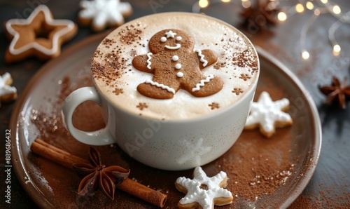 Cup of latte coffee with gingerbread shape art on foam, top view, Generative AI