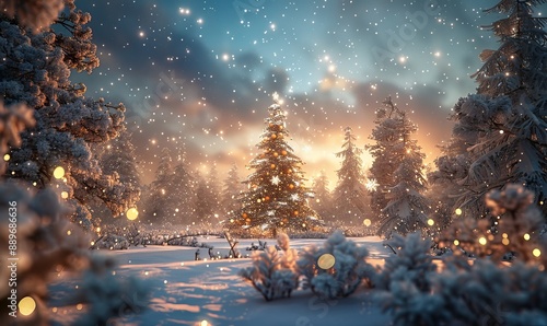 Fantastic winter landscape with christmas tree. 3D rendering. Christmas background with christmas tree, snow and stars. Beautiful christmas night, Generative AI