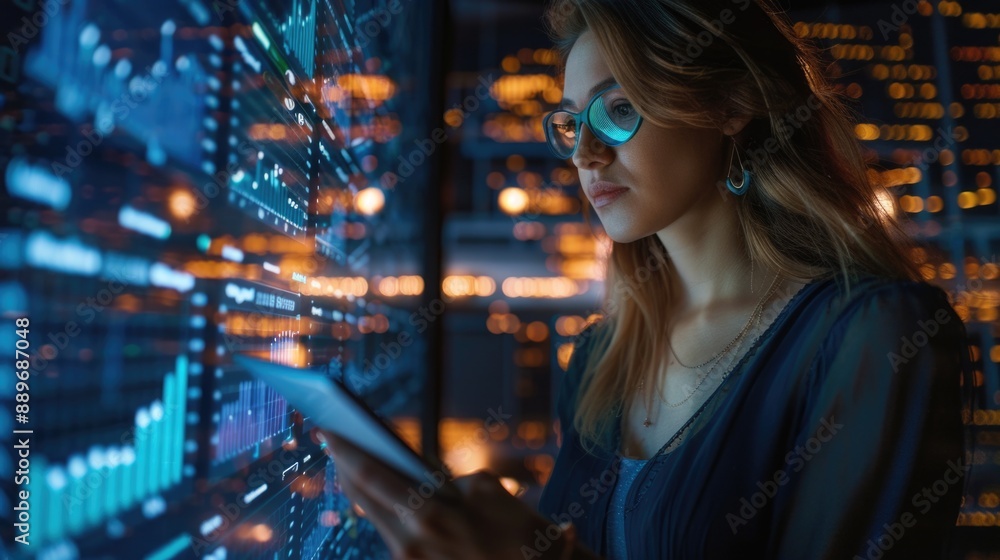 Woman in Server Room with Cell Phone Woman in Server Room with Cell Phone