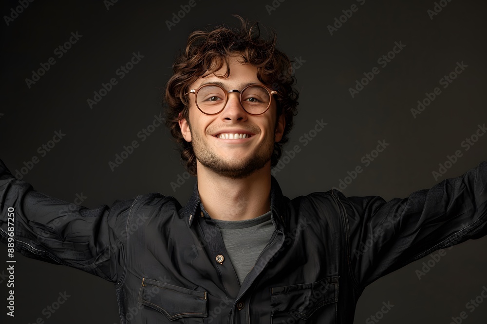 Obraz premium Cheerful Young Man with Curly Hair and Glasses Smiling