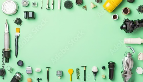 A variety of camera equipment scattered on a green background