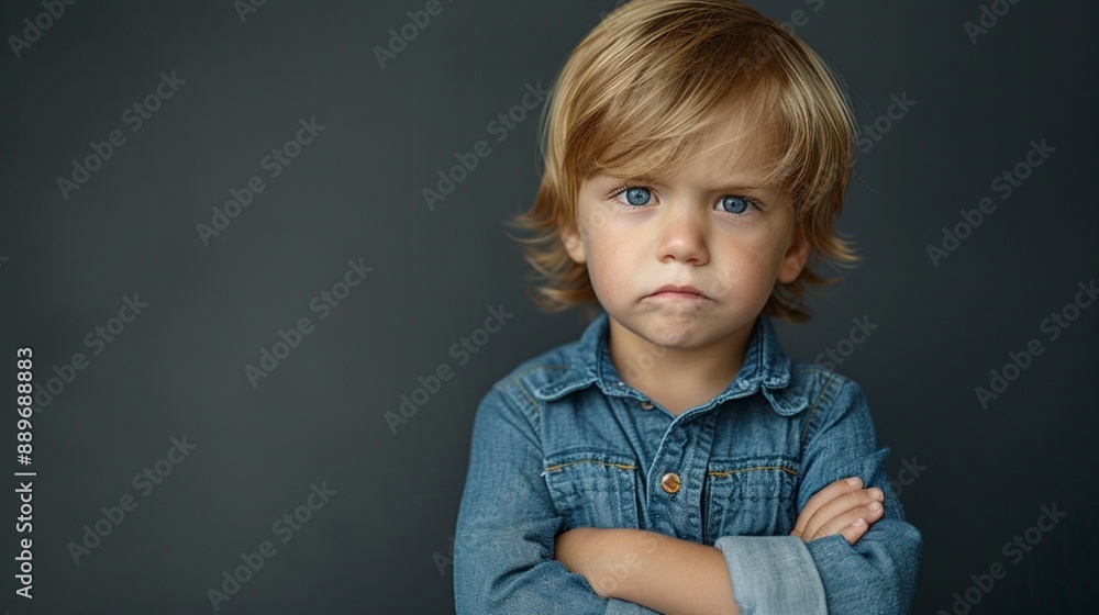 A serious child in denim shirt looks contemplative and determined, staring at the camera A serious child in denim shirt looks contemplative and determined, staring at the camera