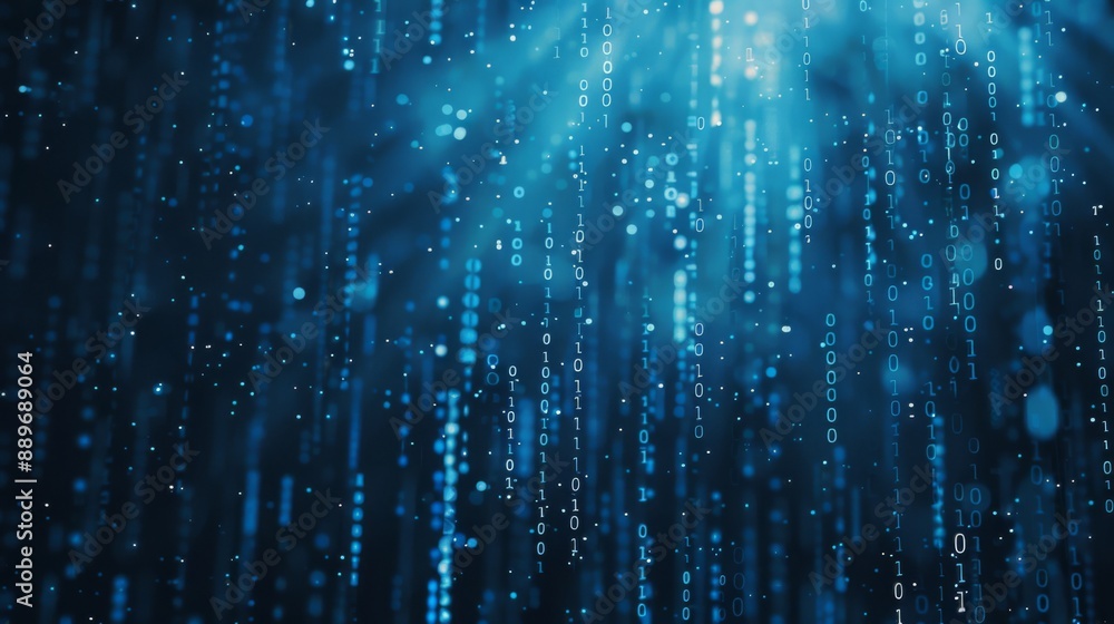Binary code falls like rain on a dark blue background. The light from the code illuminates the scene. Binary code falls like rain on a dark blue background. The light from the code illuminates the scene.