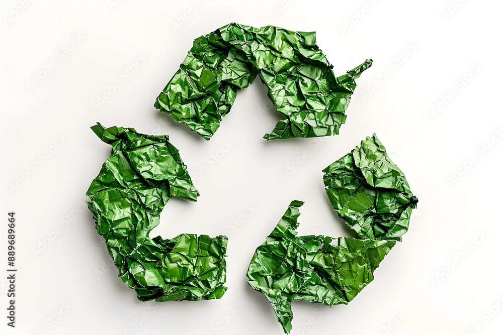 Crumpled Green Paper Forming a Recycling Symbol on a White Background Crumpled Green Paper Forming a Recycling Symbol on a White Background