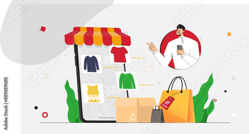 Vector illustration of online clothing shopping with a storefront awning and a shopper, highlighting e-commerce, digital retail, and mobile shopping. Ideal for fashion and retail presentations.

