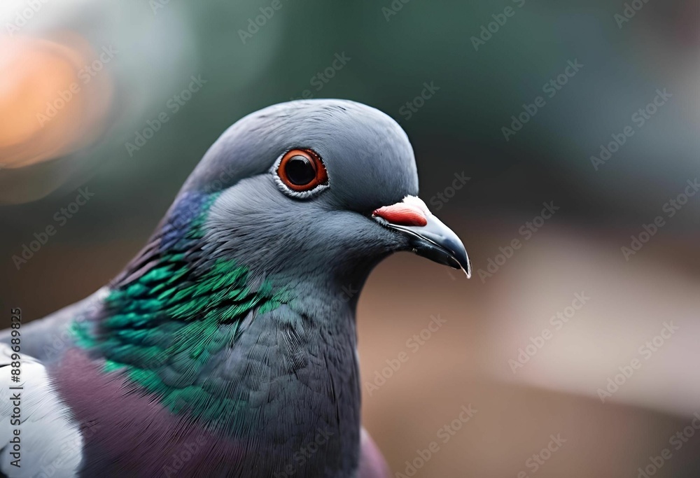 Close-up of a pigeon with iridescent feathers and a blurred background Close-up of a pigeon with iridescent feathers and a blurred background