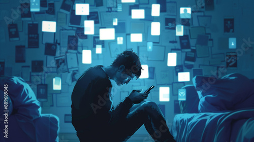 Artistic representation of a man or teen addicted to his phone, social media obsession, doom scrolling, landscape format 16:9 with copy space