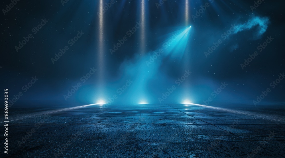 Abstract background with three light beams shining down on the asphalt floor, creating an illuminated scene Generative AI Abstract background with three light beams shining down on the asphalt floor, creating an illuminated scene Generative AI