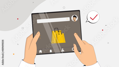 Vector illustration of a hand holding a tablet with a shopping app interface, showcasing online shopping, digital retail, and e-commerce. Perfect for digital marketing and retail technology presentati