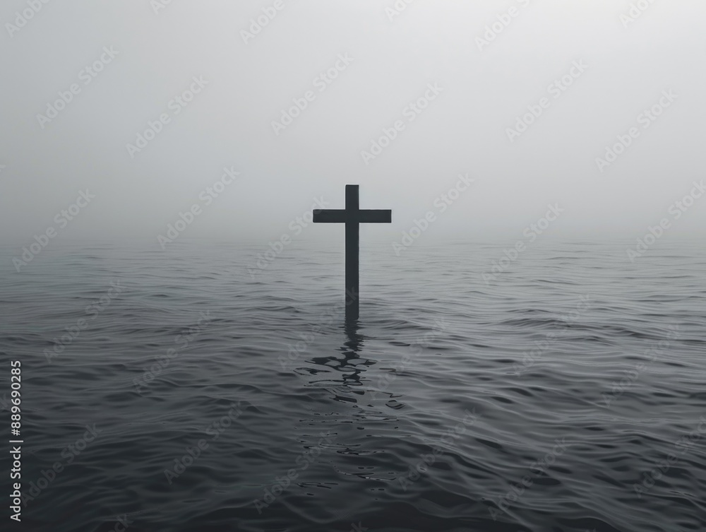 A wooden beam crosses the middle of a calm body of water, with a serene surrounding environment A wooden beam crosses the middle of a calm body of water, with a serene surrounding environment