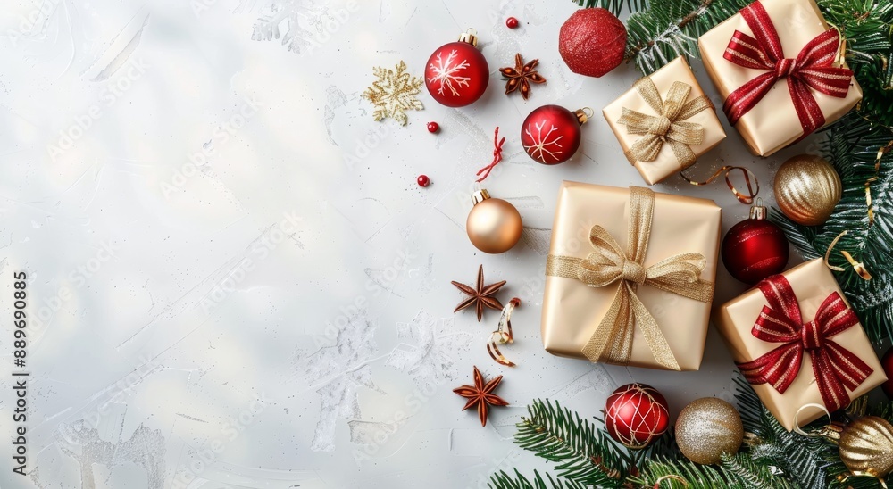 Elegant Christmas gift boxes with decorations and fir branches on white background Elegant Christmas gift boxes with decorations and fir branches on white background