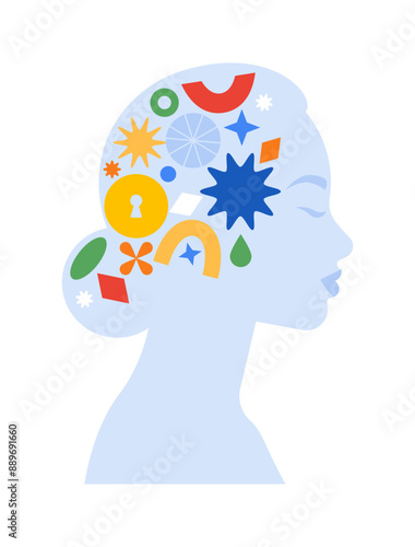 Mental health concept. Female head with various abstract shapes and geometric forms inside. Meditation, brain storm, thinking process. Simple flat vector illustration. For poster, cover, presentation