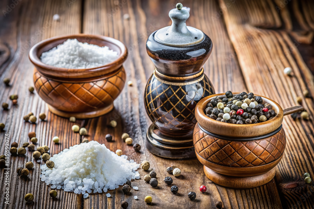 A rustic wooden table holds a pair of ornate ceramic salt and pepper shakers amidst a scattering of fresh black peppercorns and flaky sea salt crystals. A rustic wooden table holds a pair of ornate ceramic salt and pepper shakers amidst a scattering of fresh black peppercorns and flaky sea salt crystals.
