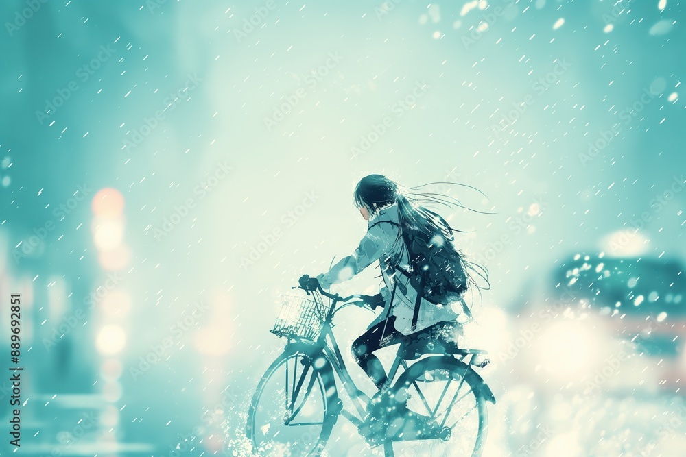 Fototapeta premium Digital illustration of a young woman with a ponytail riding a bicycle under snow. She is wearing a backpack and looking forward with determination.
