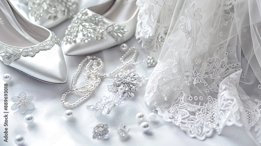 Elegant bridal accessories such as veils, shoes, and jewelry on a stunning white background. 32k, full ultra HD, high resolution Elegant bridal accessories such as veils, shoes, and jewelry on a stunning white background. 32k, full ultra HD, high resolution