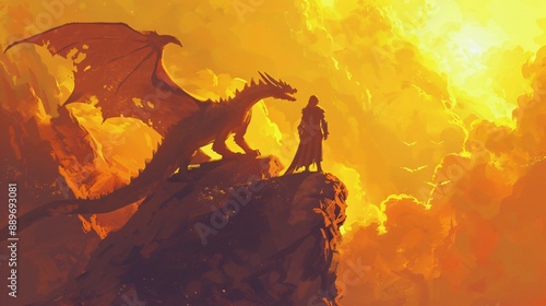Fantasy Dragon and Warrior on Cliff at Fiery Sunset