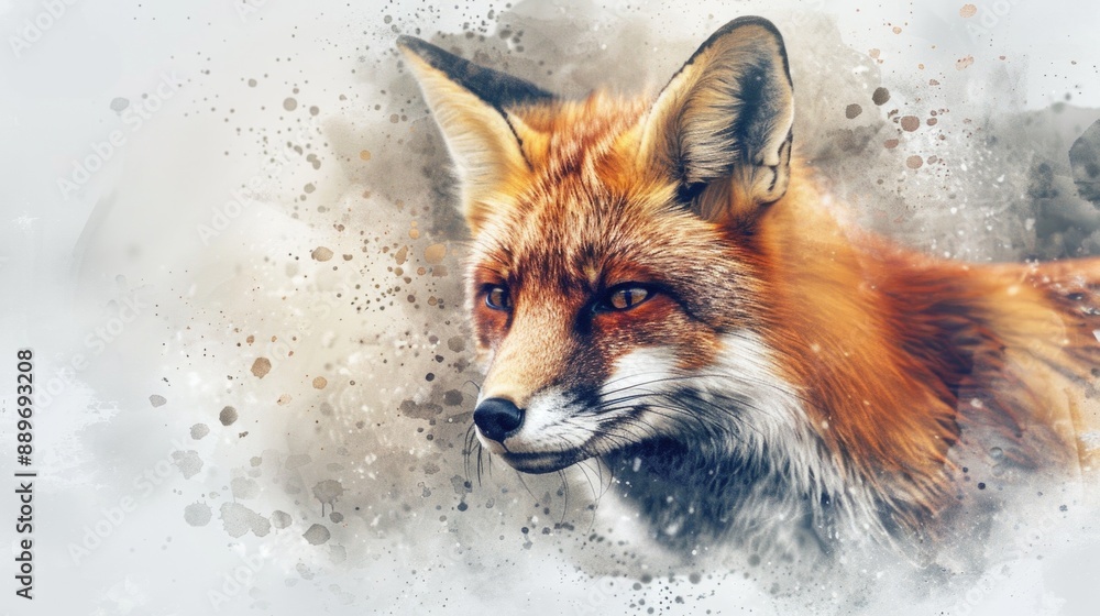 Obraz premium A close-up image of a red fox standing in the snowy landscape, with its fur fluffed up for warmth