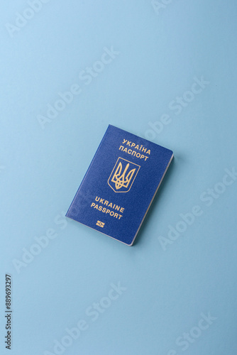 Biometric Ukrainian passport on a blue background