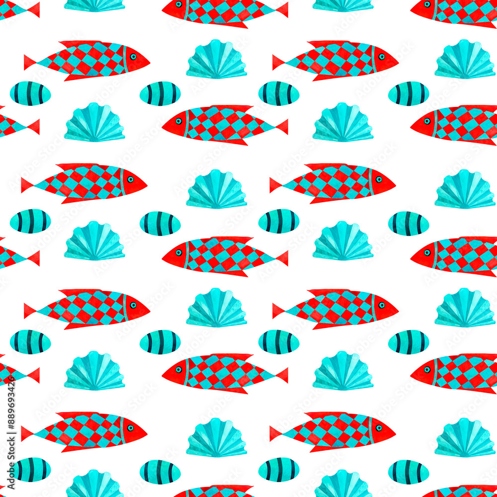 Red and blue fish, stone and seashells. Marine underwater sea seamless pattern, watercolor art in ocean kids style, for children room, package, scrapbook, school, nursery, invitation, print, postcard Red and blue fish, stone and seashells. Marine underwater sea seamless pattern, watercolor art in ocean kids style, for children room, package, scrapbook, school, nursery, invitation, print, postcard
