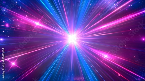 Stage lighting with lens flare effect, neon blue, pink, and violet illumination and sparkling star beams.