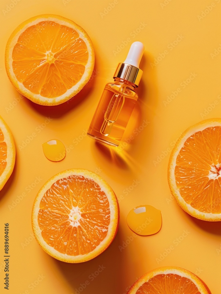 A bottle of perfume surrounded by sliced oranges on a table or counter A bottle of perfume surrounded by sliced oranges on a table or counter