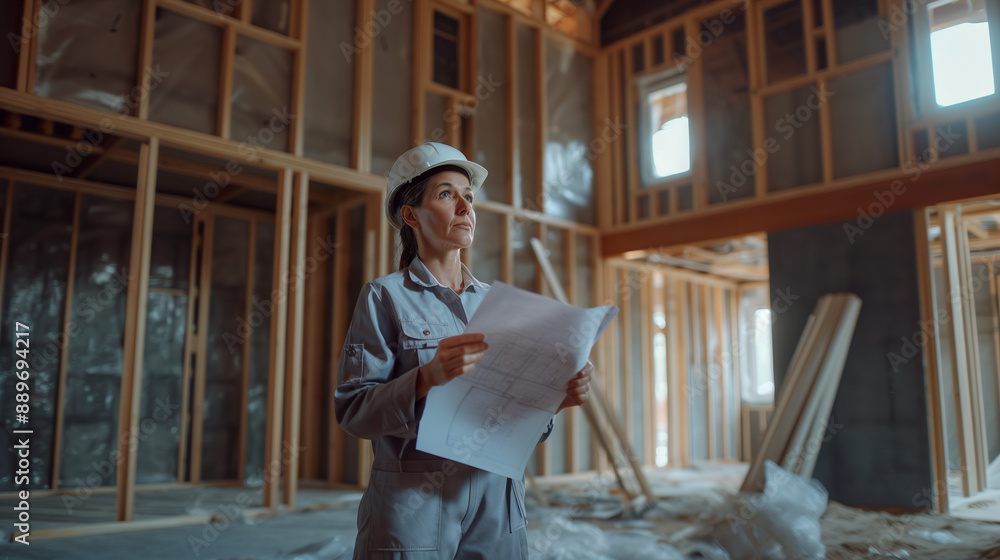 Woman architect or engineer on a construction site working with hard hat on her head and a blueprint in her hands Woman architect or engineer on a construction site working with hard hat on her head and a blueprint in her hands