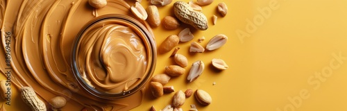 Close Up of Peanut Butter and Peanuts on Yellow Background