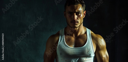 Muscular Man Posing in a White Tank Top Against a Dark Background