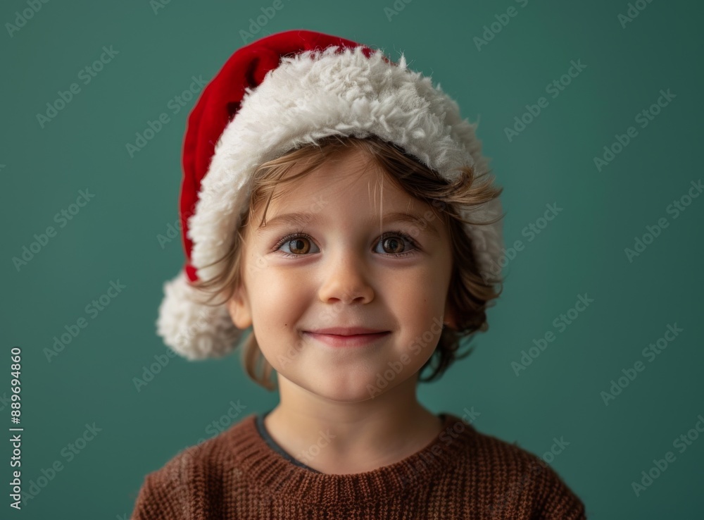 Adorable young boy smiling while wearing a Santa hat for Christmas Adorable young boy smiling while wearing a Santa hat for Christmas