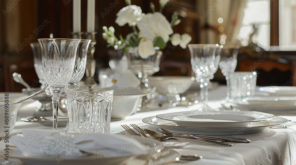 Elegant dining setup with fine china, crystal glasses, and silverware on a clean white tablecloth. 32k, full ultra HD, high resolution Elegant dining setup with fine china, crystal glasses, and silverware on a clean white tablecloth. 32k, full ultra HD, high resolution