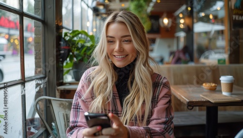 Woman Uses Smartphone While Enjoying Coffee In A Cafe