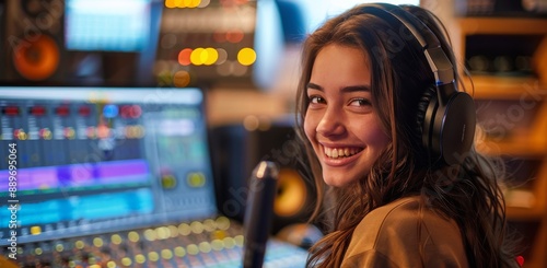 Young Woman Recording Music in Studio With Headphones and Microphone